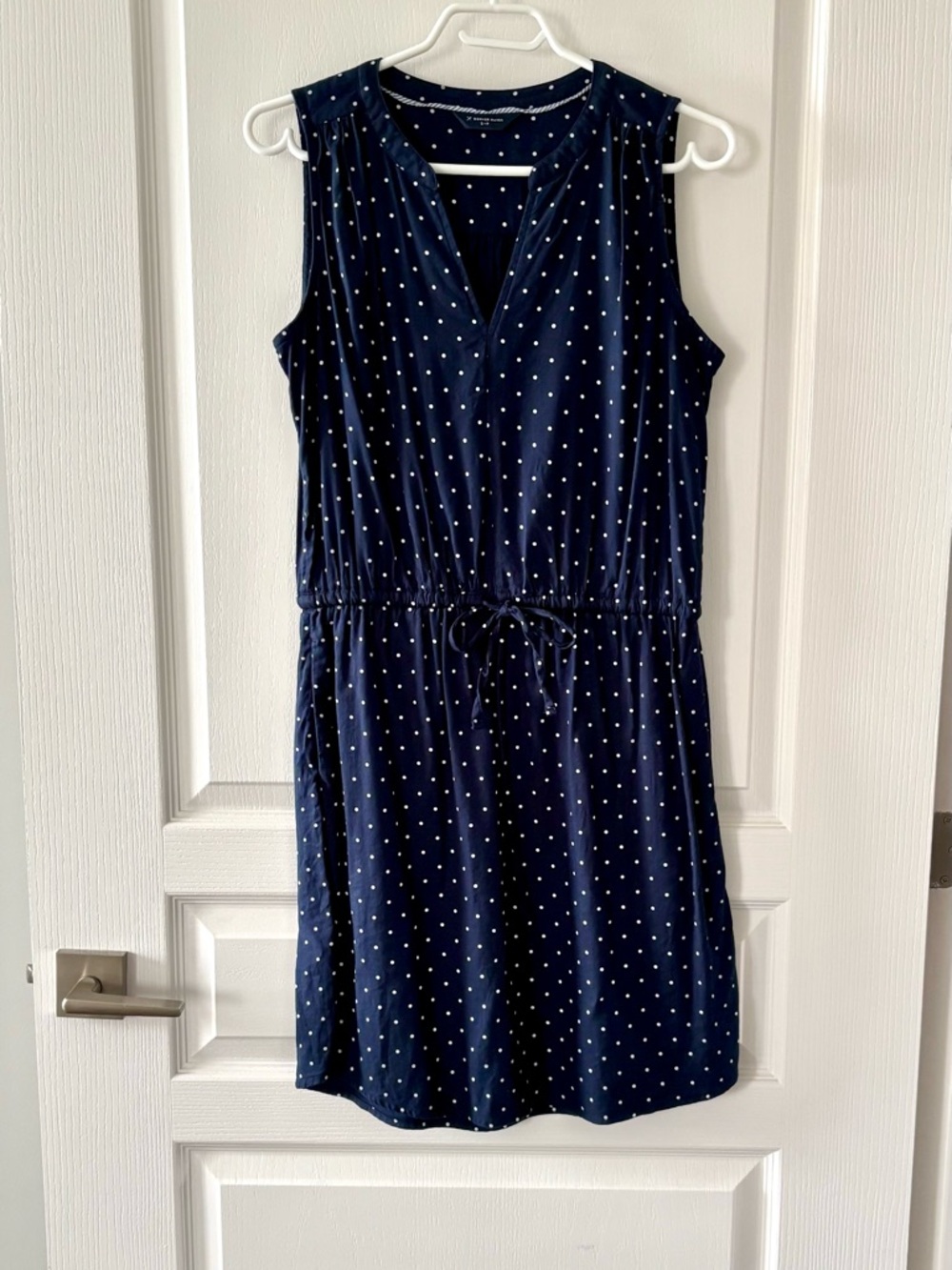 Denver Hayes Navy With White Polka Dot Drawstring Waist Dress